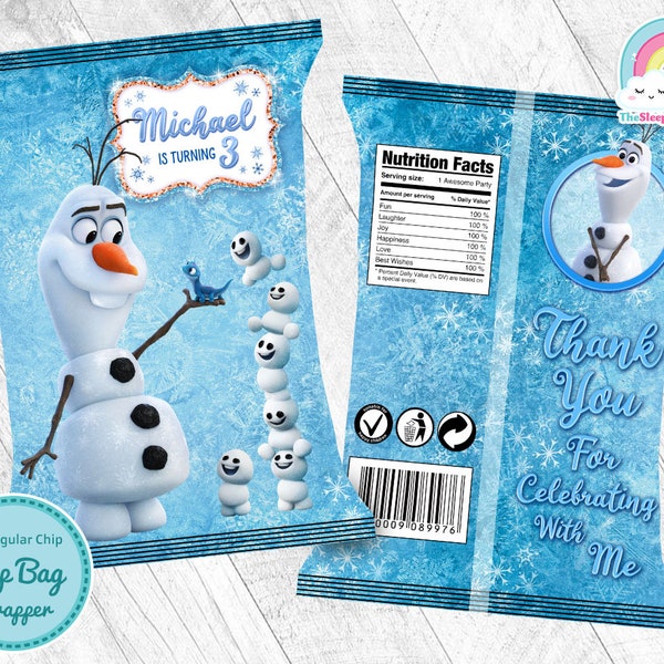 Frozen Olaf Birthday Party Chip Bags Wrapper Label Olaf Snack Bag Printable