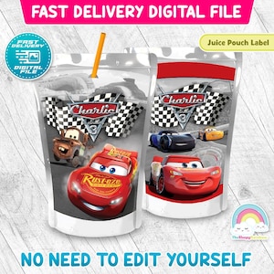 Cars Birthday Party Juice Pouch Label Race Car Lightning McQueen Mater Juice Label Printable Decoration