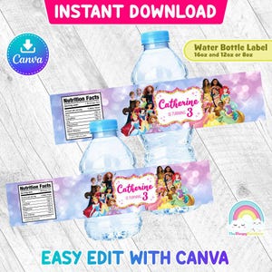 Prinzessin Geburtstagsparty Flaschenetikett Alle Prinzessin Wasserflasche Wrapper Etikett Printable Easy Edit Canva Template Bearbeitbare Datei