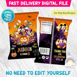 Mickey Mouse Halloween Birthday Party Chip Bags Wrapper Label Mickey Mouse Halloween Snack Bag Printable Decoration