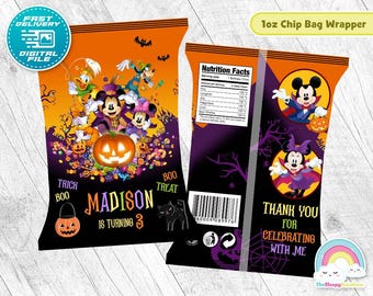 Mickey Mouse Halloween Birthday Party Chip Bags Wrapper Label Mickey Mouse Halloween Snack Bag Printable Decoration