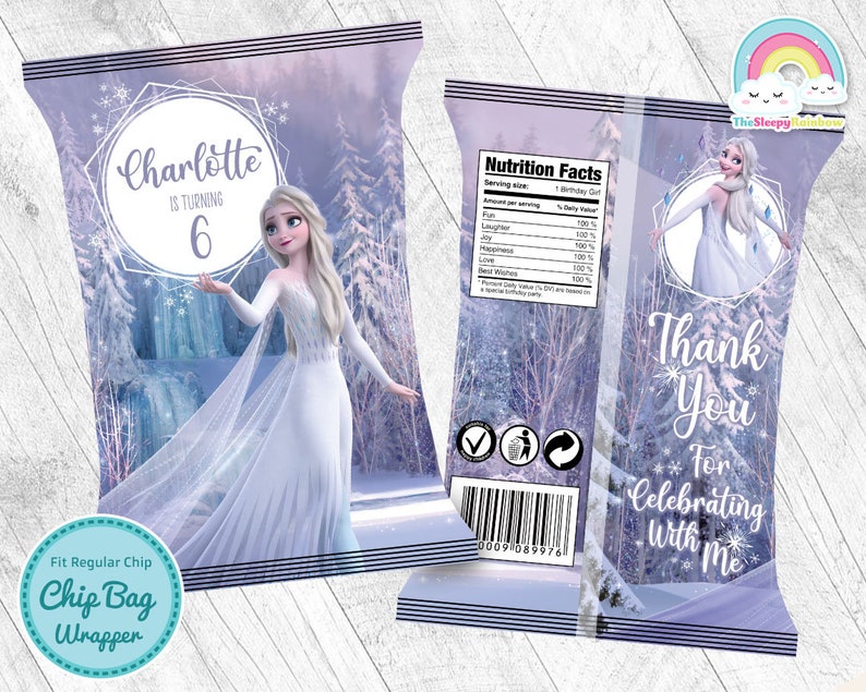Elsa White Dress Birthday Party Chip Bags Wrapper Label Elsa Frozen Snack Bag Printable image 1