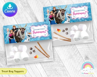 Frozen Do you wanna build a snowman Birthday Party Treats Bag Label Elsa Anna Olaf Sven Kristoff Favor plastic Bag Toppers Printable Canva