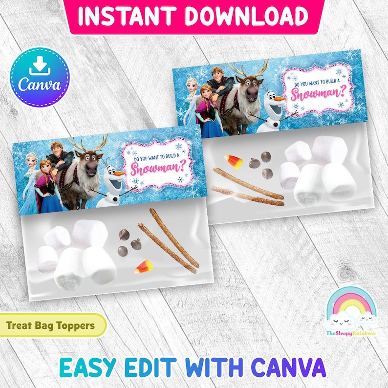 Puede incluir: Toppers para bolsas de golosinas imprimibles con personajes de Frozen, Olaf y Sven, con el texto "&iquest;Quieres construir un mu&ntilde;eco de nieve?" Los toppers est&aacute;n dise&ntilde;ados para ser editados f&aacute;cilmente con Canva.