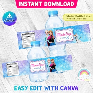 Etiqueta para garrafa de festa de aniversário Frozen Elsa Anna Olaf Etiqueta para embrulho de garrafa de água Imprimível Fácil edição Modelo Canva Arquivo editável