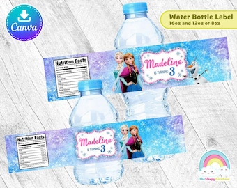 Frozen Birthday Party Bottle Label Elsa Anna Olaf Water Bottle Wrapper Label Printable Easy Edit Canva Template Editable File