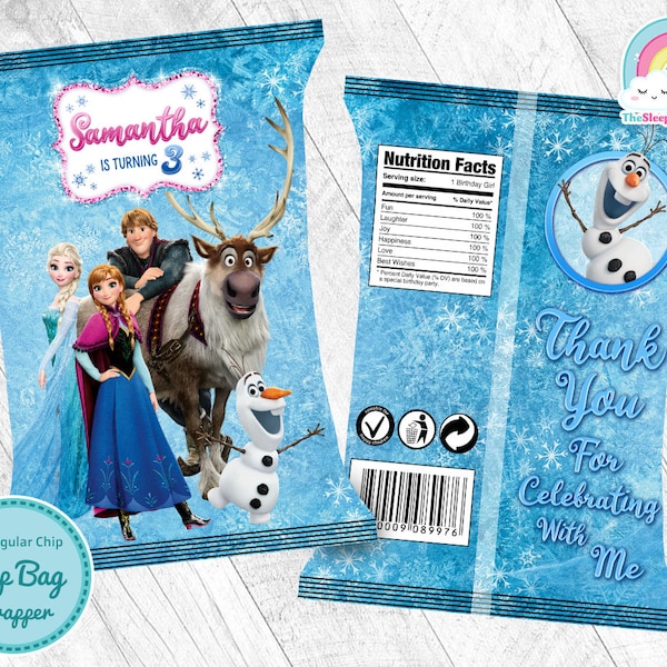 Frozen Birthday Party Chip Bags Wrapper Label Elsa Anna Olaf Sven Kristoff Snack Bag Printable