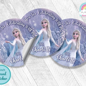 Elsa White Dress Elegant 3 inch round sticker Birthday Party Favor Tags Frozen 3 inch circle Sticker Treats Tags Thank you Label