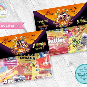 May include: Halloween-themed treat bag topper featuring Mickey Mouse and friends. The topper is orange, purple, and black with the text "Thank you for celebrating with me" and "Love, Madison is turning 5".