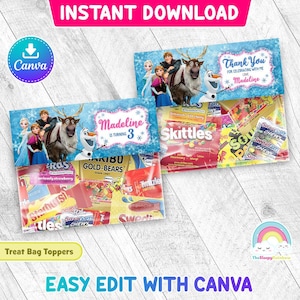 アナと雪の女王の誕生日パーティーのお菓子バッグラベル エルサ アナ オラフ スヴェン クリストフ 記念品 アナと雪の女王のプラスチックバッグトッパー 印刷可能 簡単に編集できるCanvaテンプレート