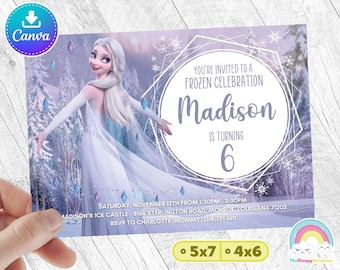 Invitación de cumpleaños de Elsa Frozen 2 con vestido blanco Invitación de cumpleaños de ELSA FROZEN 2 Plantilla de Canva de fácil edición Archivo editable