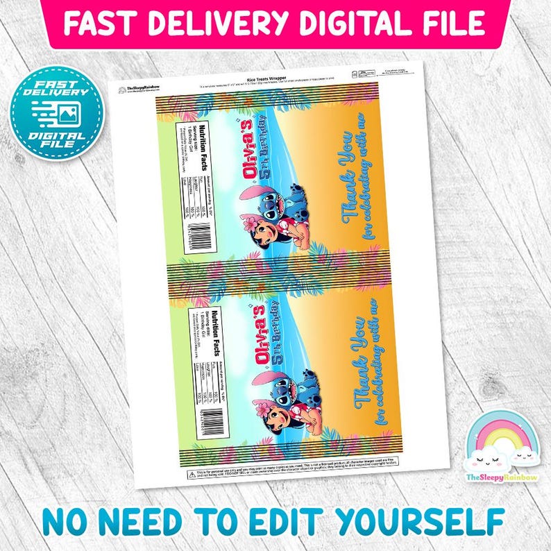 Puede incluir: Un archivo digital con un dise&ntilde;o personalizado para un envoltorio de recuerdo de fiesta. El dise&ntilde;o incluye el texto "Olivia's 5th Birthday" y un personaje de dibujos animados. El envoltorio tiene un tema tropical con un fondo amarillo y naranja. Tambi&eacute;n se incluye el texto "Thank You for celebrating with me".