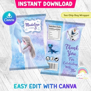 Frozen 2 Elsa The Nokk Birthday Party Chip Bags Wrapper Label Elsa Frozen Snack Bag Stampabile Facile Modifica Canva Modello File Modificabile