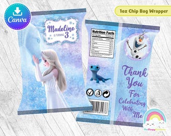 Etiqueta para envoltorio de bolsas de papas fritas de Frozen 2, Elsa, The Nokk, para fiesta de cumpleaños, bolsa de refrigerio de Elsa Frozen, plantilla de Canva fácil de editar, archivo editable
