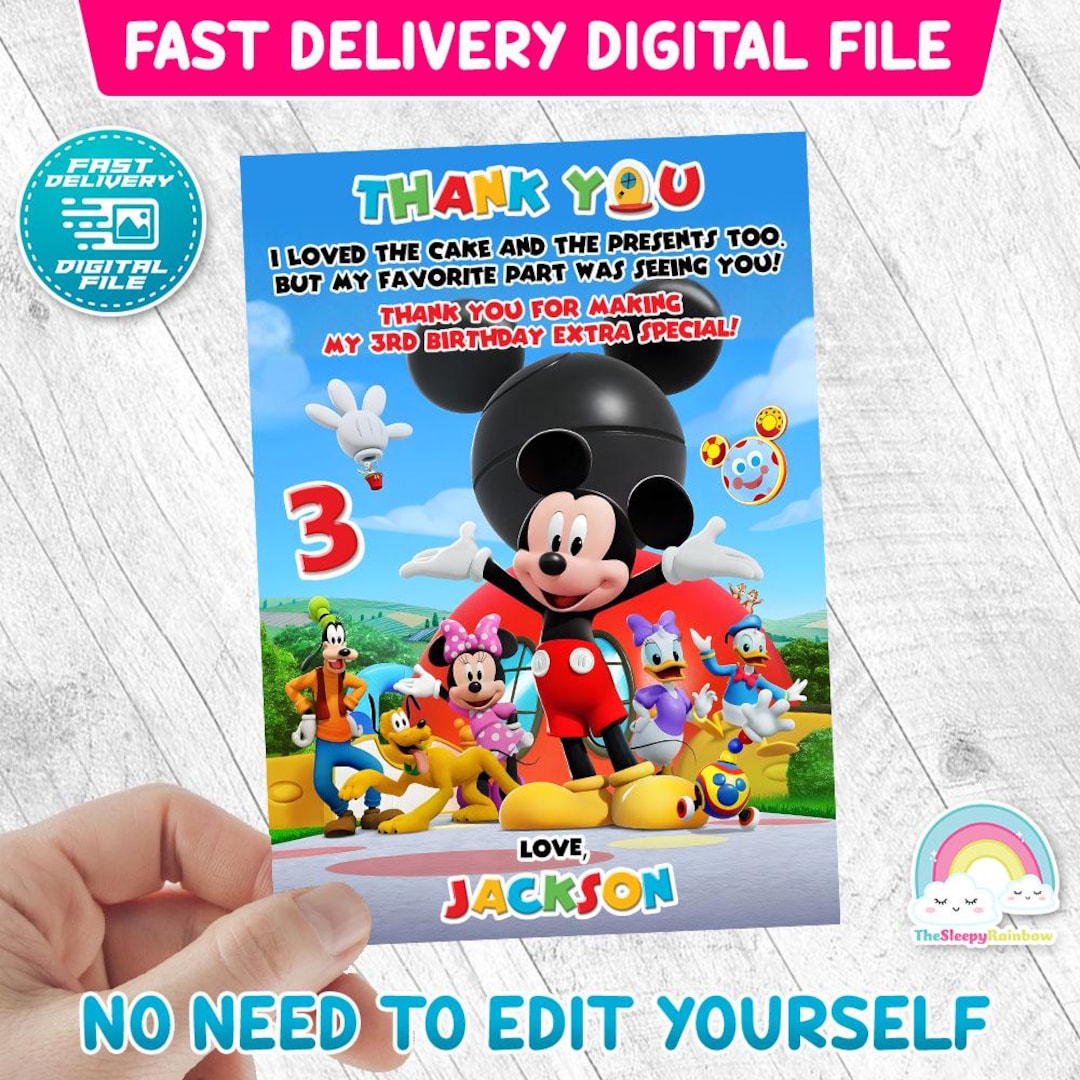 Mickey Mouse Birthday Thank You Card Clubhouse Club House Playhouse ...
