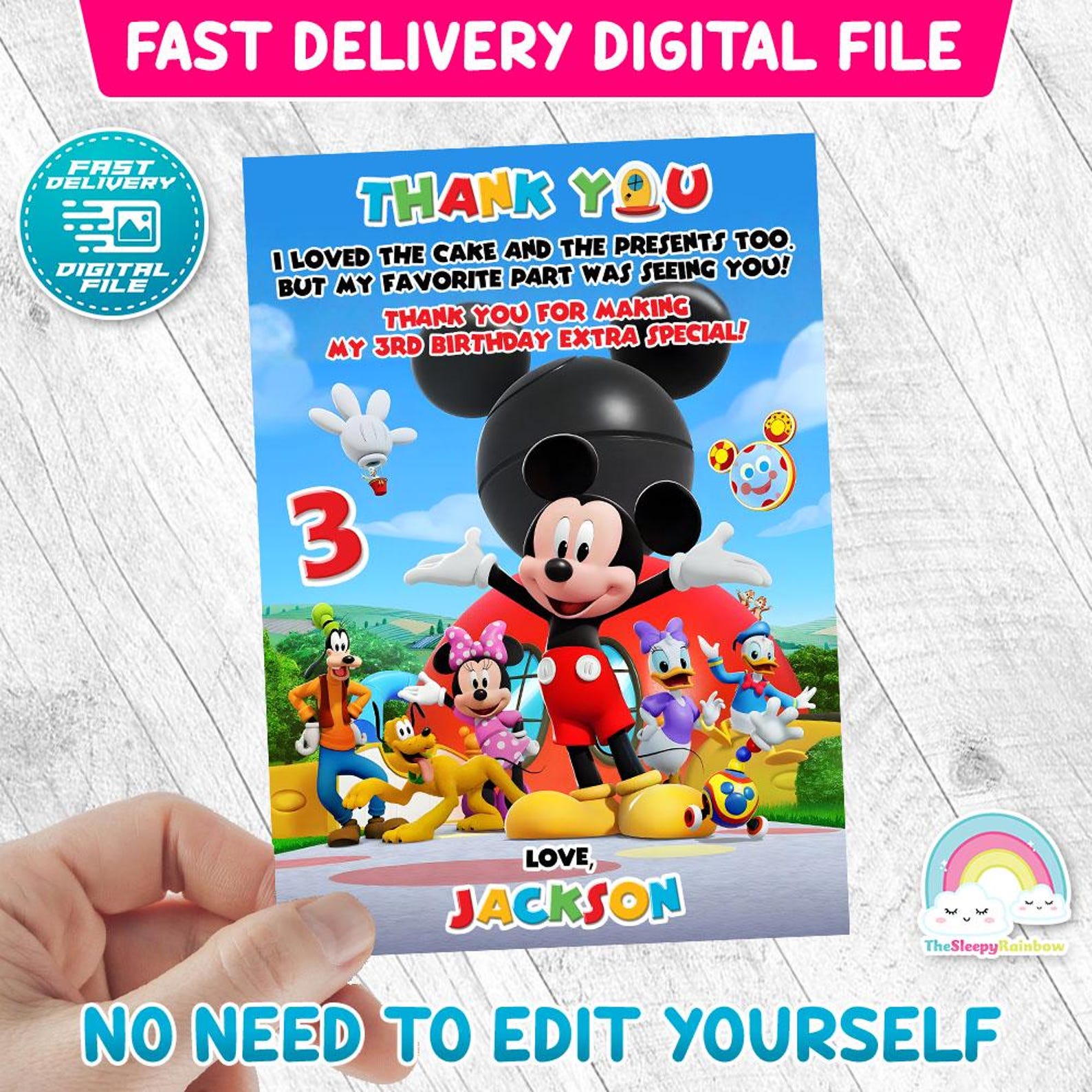 Mickey Mouse Birthday Thank You Card Clubhouse Club House Playhouse ...
