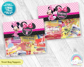 Etiqueta para bolsa de golosinas para fiesta de cumpleaños de Minnie, bolsa de plástico rosa de Minnie Mouse, decoración imprimible