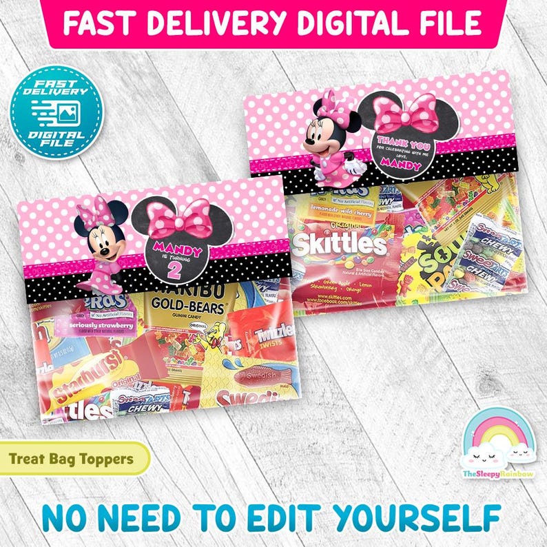 Minnie Maus Geburtstag Party Leckereien Beutel Label Minnie Maus Pink Favor Plastiktüten Toppers druckbare Dekoration Bild 1