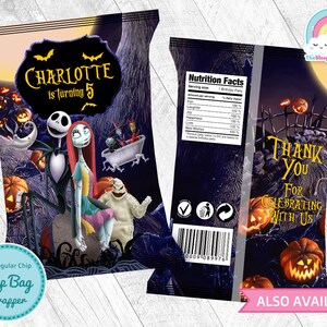 May include: A printable chip bag wrapper featuring Jack Skellington and Sally from The Nightmare Before Christmas. The wrapper is decorated with pumpkins and a black and white checkered pattern. The text "Charlotte is Turning 5" is printed on the front of the bag. The back of the bag says "Thank You for Celebrating with Us".