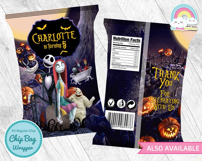 May include: A printable chip bag wrapper featuring Jack Skellington and Sally from The Nightmare Before Christmas. The wrapper is decorated with pumpkins and a black and white checkered pattern. The text "Charlotte is Turning 5" is printed on the front of the bag. The back of the bag says "Thank You for Celebrating with Us".