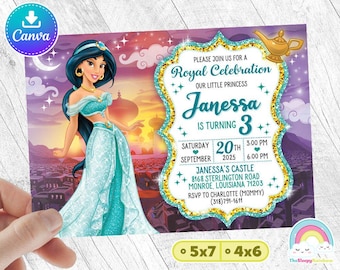 Princess Jasmine Invitation Birthday Invite Party Aladdin Invites Birthday Invitations Easy Edit Canva Template Editable File