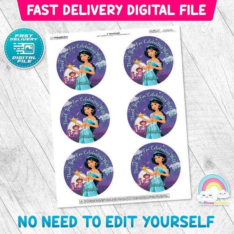 Princess Jasmine 3 Inch Round Sticker Aladdin Jasmine Birthday Favor ...