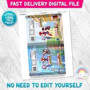 Puede incluir: Un archivo digital con un dise&ntilde;o colorido de Spider-Man. El dise&ntilde;o incluye el texto "PARKER'S 5TH BIRTHDAY" y "THANK YOU FOR COMING TO MY PARTY!". Tambi&eacute;n muestra informaci&oacute;n nutricional y el texto "FAST DELIVERY DIGITAL FILE" y "NO NEED TO EDIT YOURSELF".