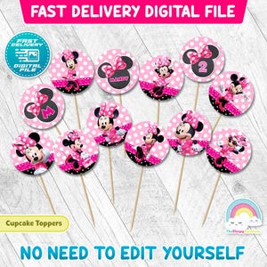 Minnie Mouse cupcake toppers 2 inch round Birthday Party Printable Minnie Pink 2 inch circle Sticker cupcake topper Decoration