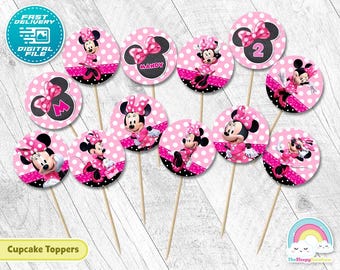 Minnie Mouse cupcake toppers 2 inch round Birthday Party Printable Minnie Pink 2 inch circle Sticker cupcake topper Decoration