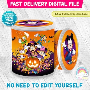 May include: A Halloween-themed potato chip can label featuring Mickey Mouse, Minnie Mouse, Donald Duck, and Goofy in costumes. The design includes a jack-o'-lantern, bats, and candy on an orange and purple background. The label reads "1.5oz Potato Chips Can Label".