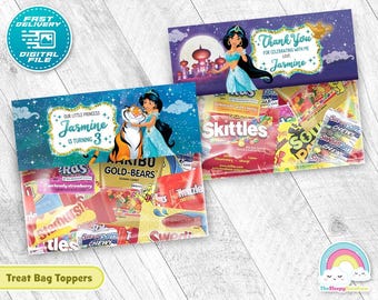 Prinsessan Jasmine Födelsedagsfest Godispåse Etikett Aladdin Presentpåse Plastpåse Utskrivbar Dekoration