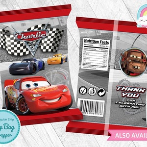 Cars Birthday Party Chip Bags Wrapper Label Race Car Lightning McQueen Snack Bag Printable