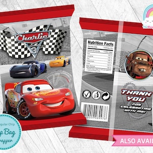 Etichetta per sacchetti di patatine per feste di compleanno di Cars, auto da corsa, Lightning McQueen, sacchetto per snack stampabile