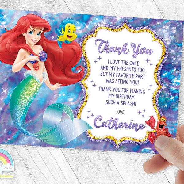 Little Mermaid Birthday Thank you card Mermaid Princess Ariel Invites Birthday Thank you card