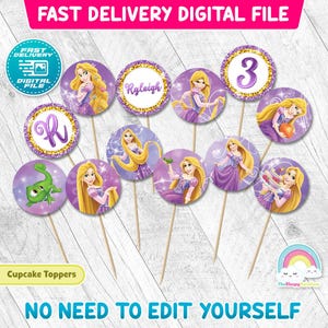 Princess Rapunzel cupcake toppers 2 inch round Birthday Party Printable Tangled 2 inch circle Sticker cupcake topper Decoration