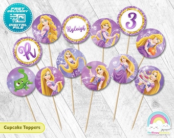 Topper per cupcake a forma di principessa Rapunzel, da 2 pollici, rotondo, per feste di compleanno, stampabile, adesivo circolare da 2 pollici, decorazione per cupcake