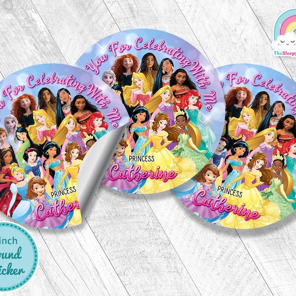 Princess 3 inch round sticker Birthday Party Favor Tags All Princess 3 inch circle Sticker Treats Tags Thank you Label