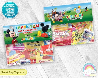 Etichette per sacchetti di plastica per dolcetti della festa di compleanno di Topolino, decorazioni stampabili