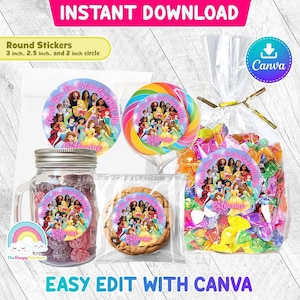 Princess 3 inch round sticker Princess Birthday Favor Lollipop Treats Tags Label Canva Template Editable File