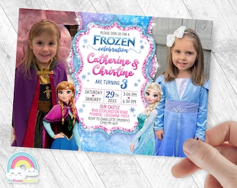 Elsa Anna Invitation Birthday Twin Sister Invite Party All Frozen Invites Birthday Invitations with 2 child picture twin Join Double party