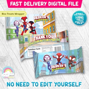 Puede incluir: Envoltorios de golosinas de arroz con tem&aacute;tica de superh&eacute;roes. Los envoltorios presentan ilustraciones de personajes de Spider-Man, el texto "PARKER'S 5TH BIRTHDAY!" y "THANK YOU FOR COMING TO MY PARTY!" Los envoltorios son un archivo digital.