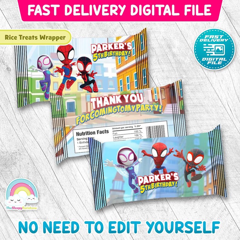 Puede incluir: Envoltorios de golosinas de arroz con tem&aacute;tica de superh&eacute;roes. Los envoltorios presentan ilustraciones de personajes de Spider-Man, el texto "PARKER'S 5TH BIRTHDAY!" y "THANK YOU FOR COMING TO MY PARTY!" Los envoltorios son un archivo digital.