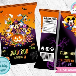 May include: A Halloween-themed chip bag wrapper featuring Mickey Mouse and other Disney characters. The wrapper is orange and black with a pumpkin and candy. The text on the wrapper says "Trick Boo Treat Boo Madison is turning 5".