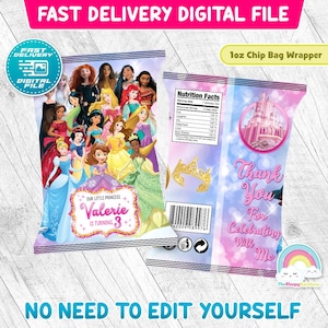 Princess Birthday Party Chip Bags Wrapper Label All Princess Snack Bag Gold Glitter Beautiful Printable Decoration