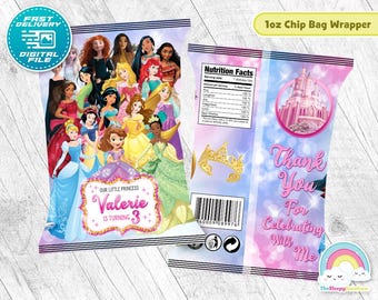 Etiqueta para envoltorio de bolsas de papas fritas para fiesta de cumpleaños de princesas, bolsa de refrigerio de princesas con purpurina dorada, hermosa decoración imprimible