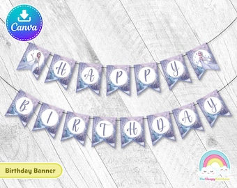 Elsa White Dress Elegant Happy Birthday Banner Garland Frozen Birthday Banner Printable Party Easy Edit Canva Template Editable File