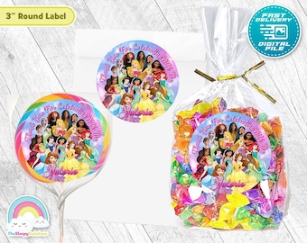 Princess All 3 inch round sticker Birthday Beautiful Gold Glitter Favor Lollipop Treats Tags Label Printable Decoration