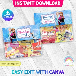 Etichetta per sacchetti di dolcetti per feste di compleanno Frozen Elsa Anna Favor Frozen sacchetti di plastica Toppers stampabili Easy Edit Canva Template File modificabile