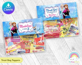 May include: Printable Frozen-themed treat bag toppers featuring images of Elsa and Anna from the Disney movie Frozen. The toppers are designed for use with small bags of candy and snacks. The text on the toppers reads "Madeline is turning 3" and "Thank you for celebrating with me, love Madeline".