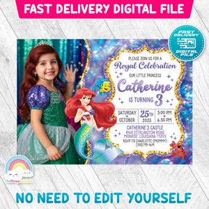 Little Mermaid Invitation Birthday Invite Party Mermaid Princess Ariel Invites Birthday Invitations with your child's picture image 2